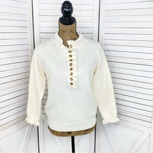 C+D+M Ruffle‎ Trim Half Button Pullover Sweater Ivory Small Coquette Victorian